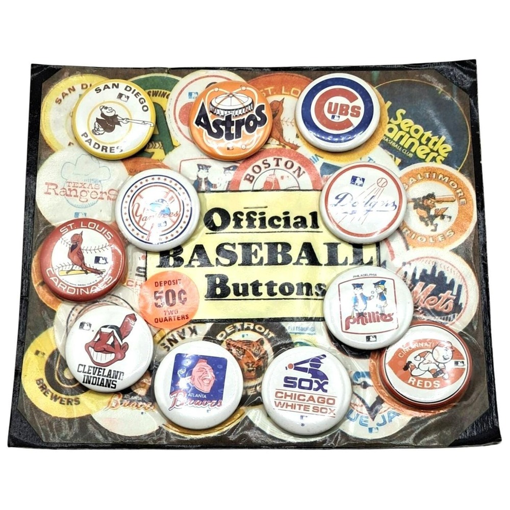 Vintage 80s MLB Team Pins Button Gumball Machine Header/Topper Card w/‎ Prizes